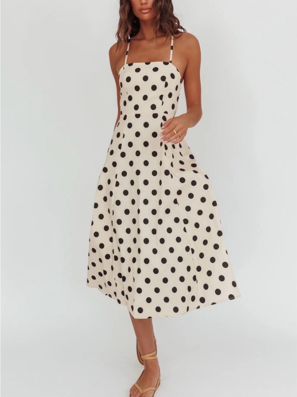 Cream Polka Dot Midi Dress with Spaghetti Straps